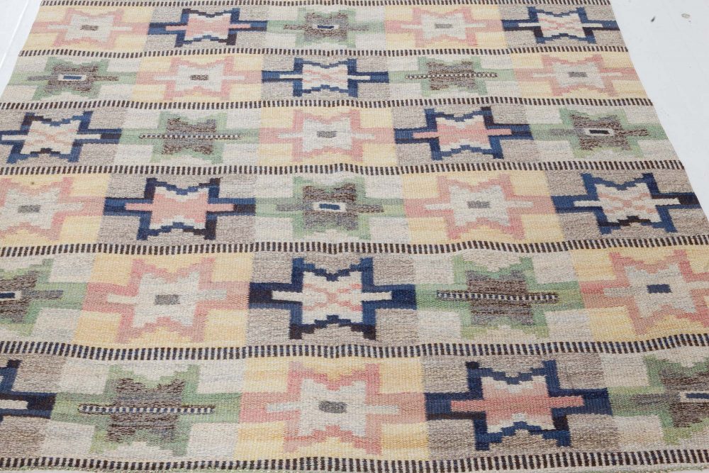 Mid-20th Century Swedish Green, Pink, Amber, Blue, Gray Flat-Weave Wool Rug BB7358