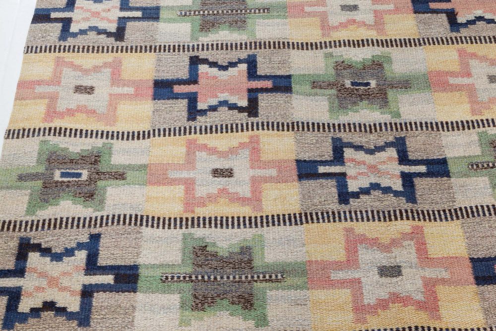 Mid-20th Century Swedish Green, Pink, Amber, Blue, Gray Flat-Weave Wool Rug BB7358