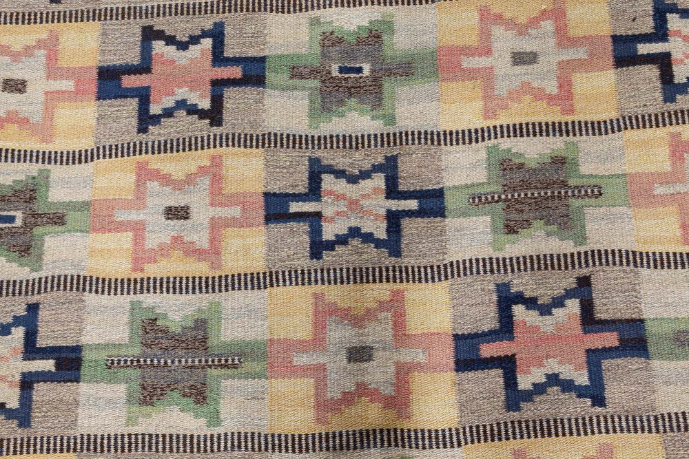 Mid-20th Century Swedish Green, Pink, Amber, Blue, Gray Flat-Weave Wool Rug BB7358