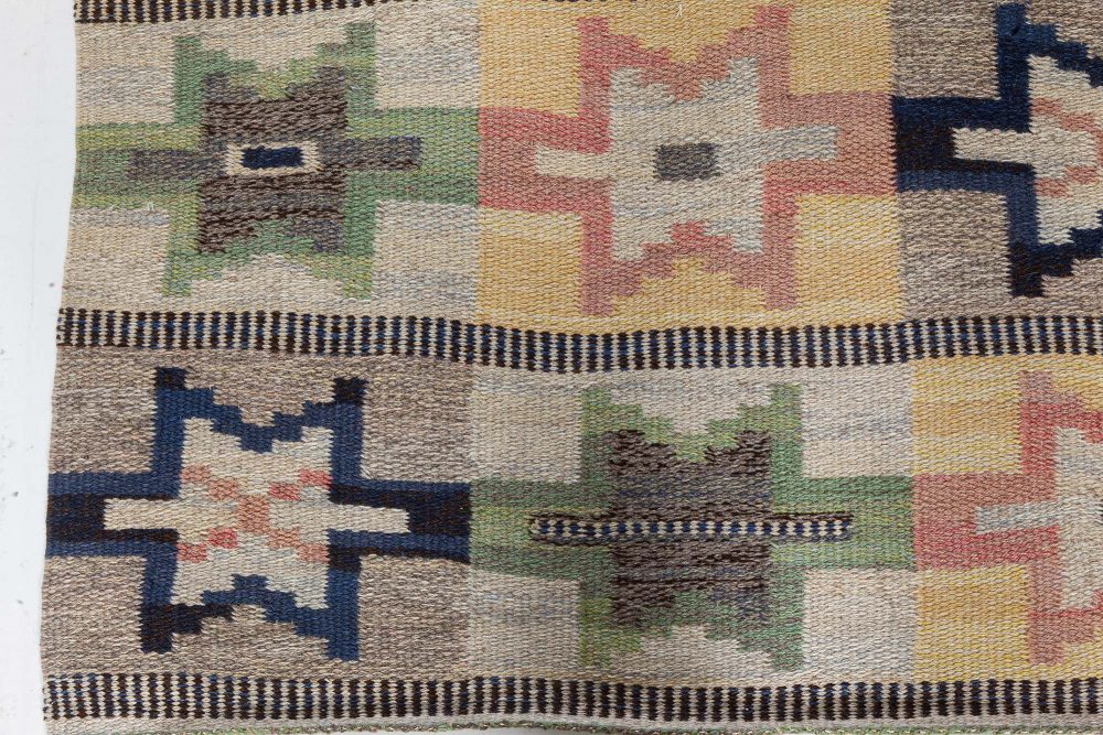 Mid-20th Century Swedish Green, Pink, Amber, Blue, Gray Flat-Weave Wool Rug BB7358