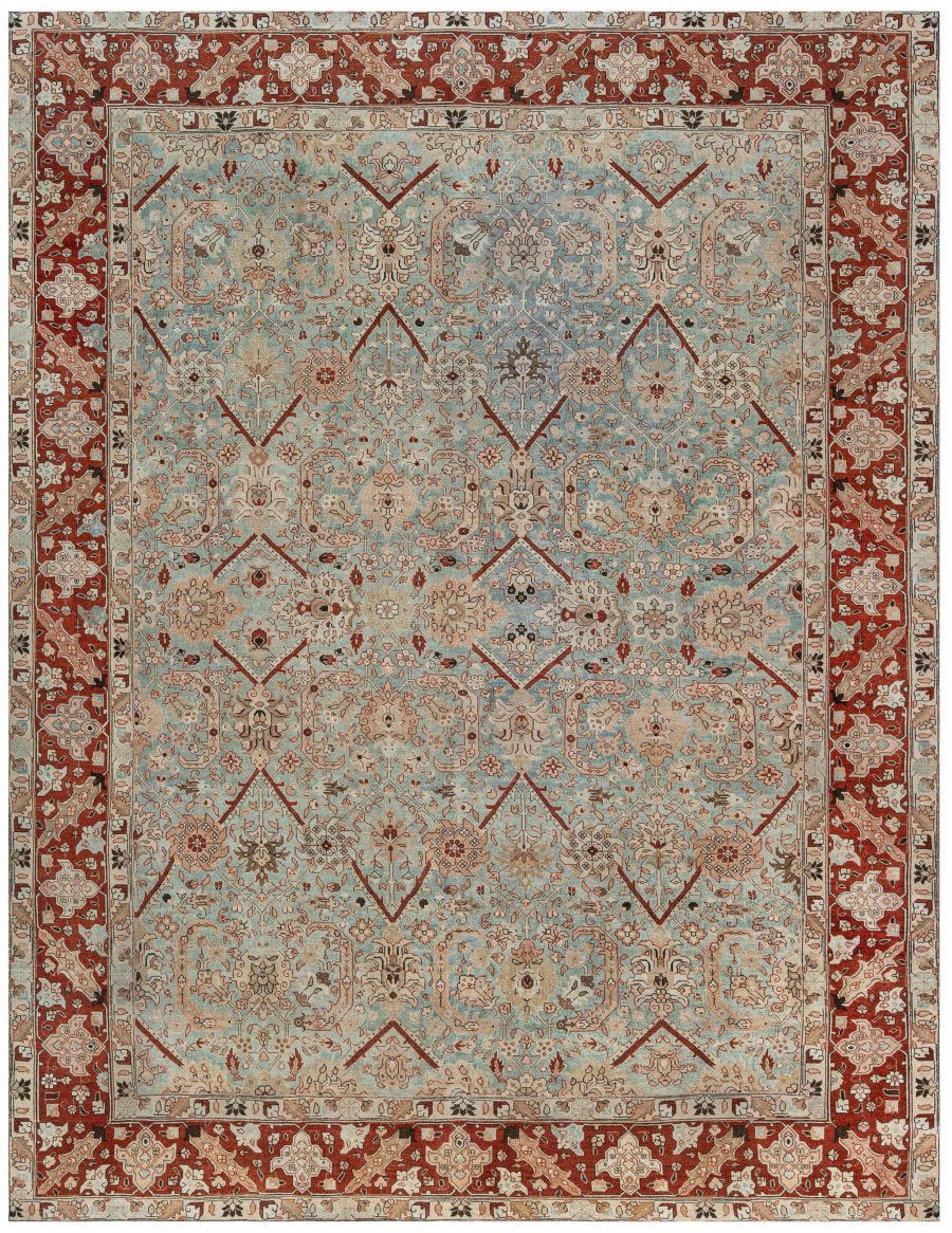 Antique Persian Tabriz Blue Background Floral Handmade Wool Rug BB7343