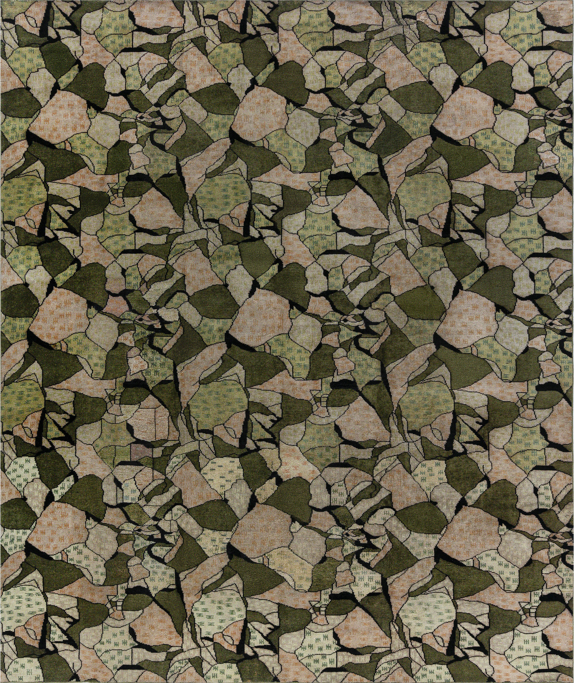 Midcentury European Art Deco Beige, Black and Green Wool Rug BB7339