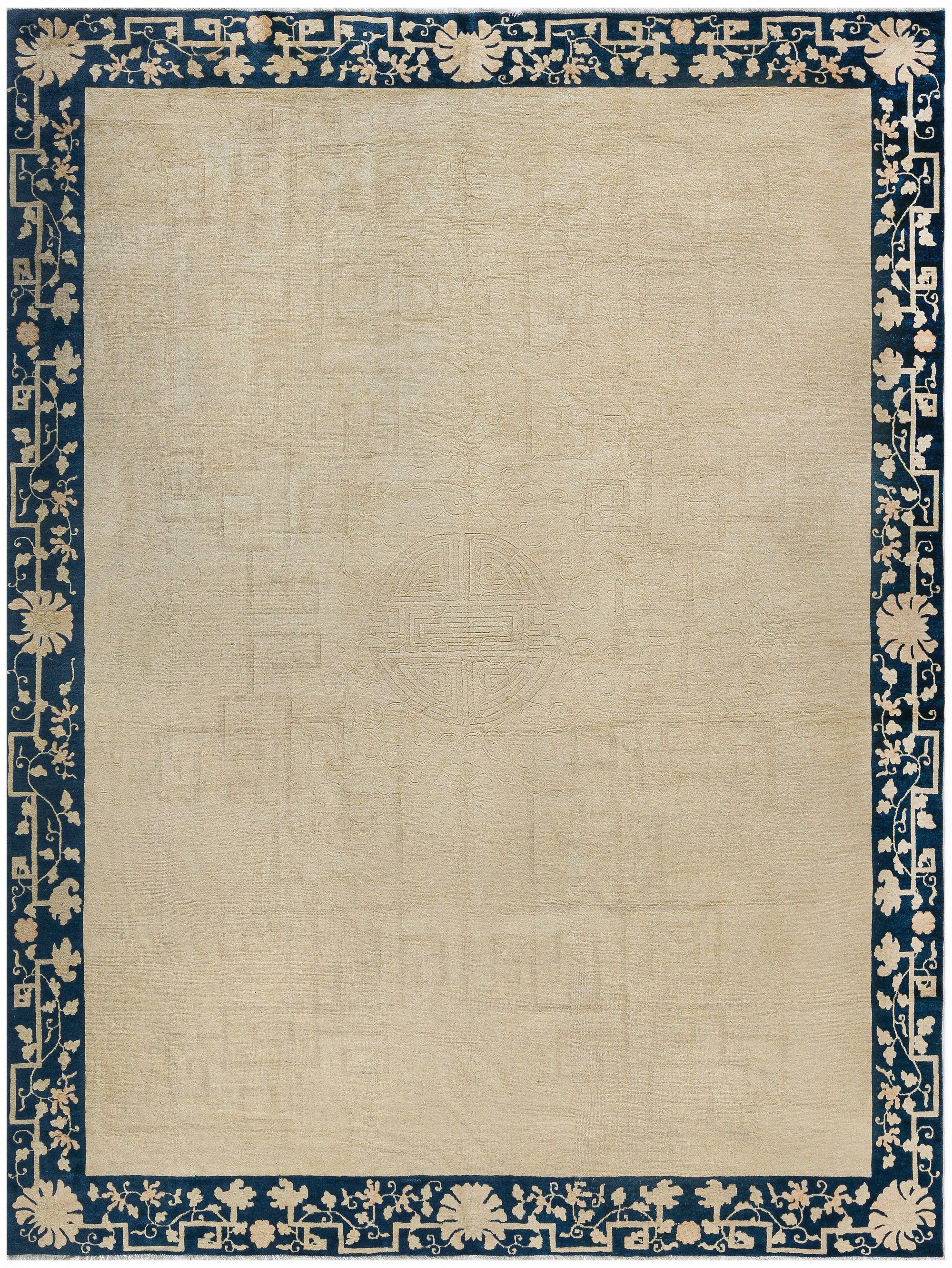 Early 20th Century Chinese Beige and Blue Handmade Wool Rug BB7347