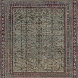 Samarkand Vintage Floral Rug In Pale Sand – Hand-Knotted Silk – Yarkand Pomegranate Design BB7340