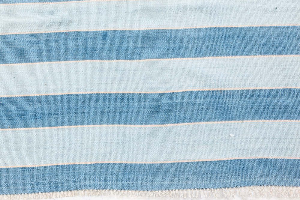 Mid-20th Century Blue Striped Indian Dhurrie Handmade Cotton Rug BB7364