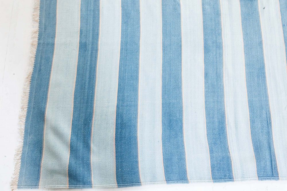 Mid-20th Century Blue Striped Indian Dhurrie Handmade Cotton Rug BB7364