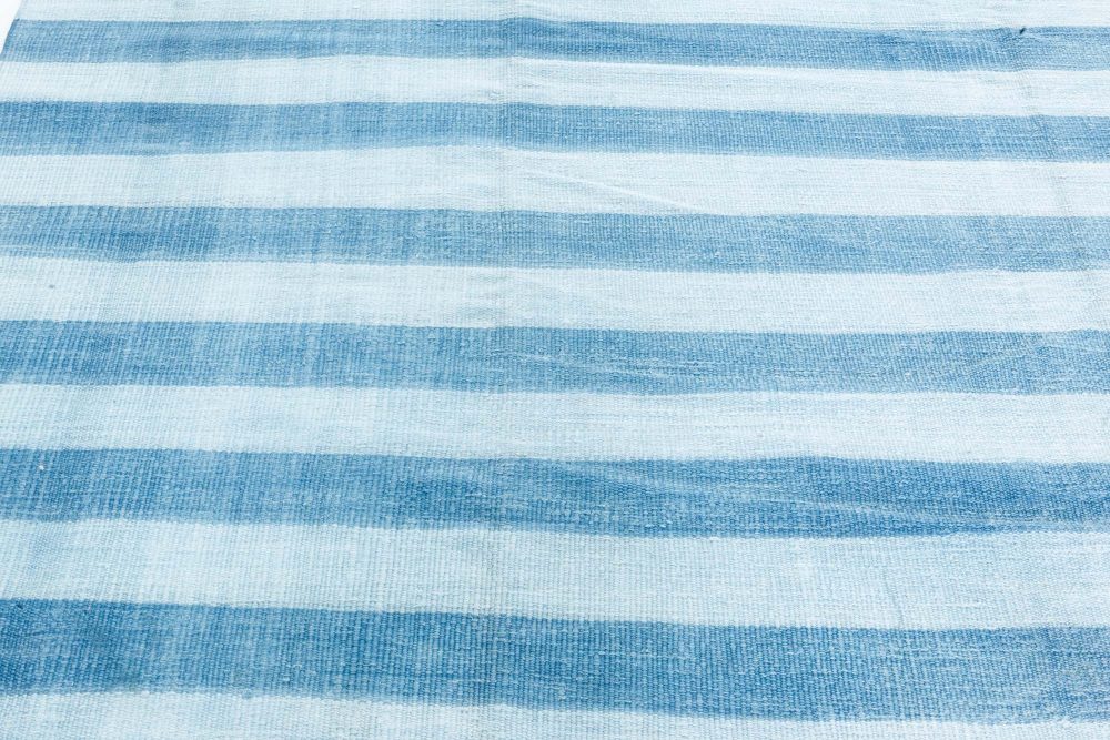 Mid-20th Century Blue Striped Indian Dhurrie Handmade Cotton Rug BB7370