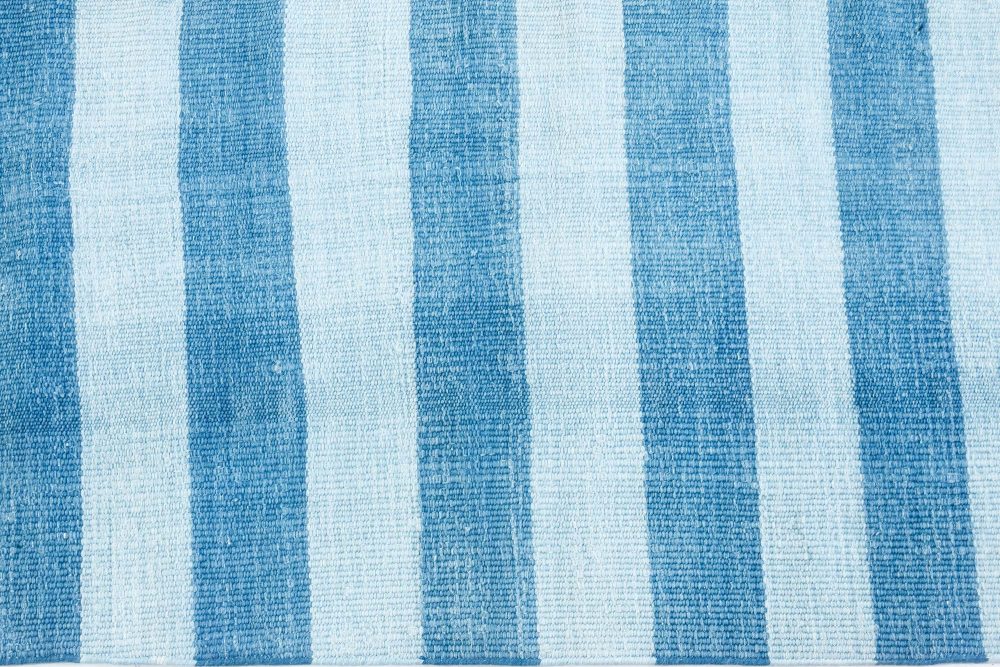 Mid-20th Century Blue Striped Indian Dhurrie Handmade Cotton Rug BB7370