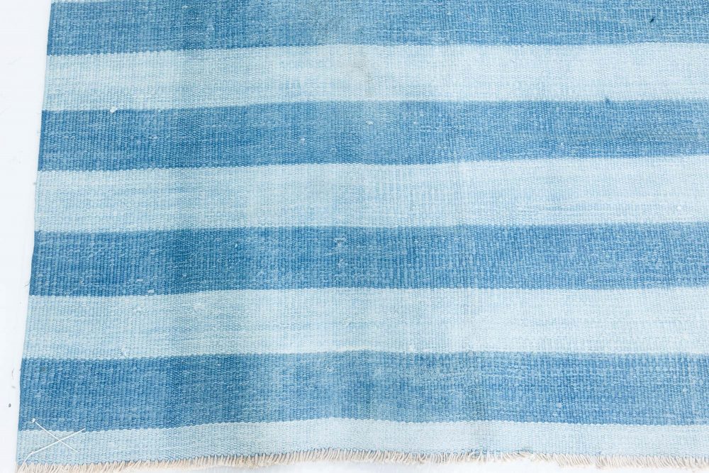 Mid-20th Century Blue Striped Indian Dhurrie Handmade Cotton Rug BB7370