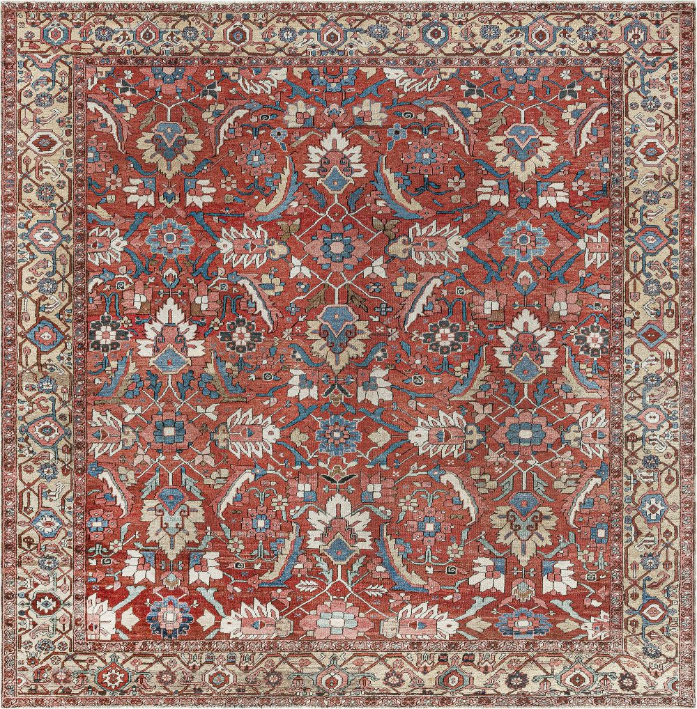 Antique Persian Heriz Rug in Blue, Pink, Red, White, and Yellow BB7373