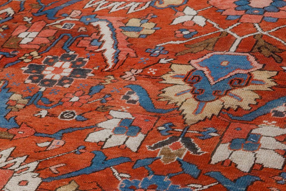 Antique Persian Heriz Rug in Blue, Pink, Red, White, and Yellow BB7373