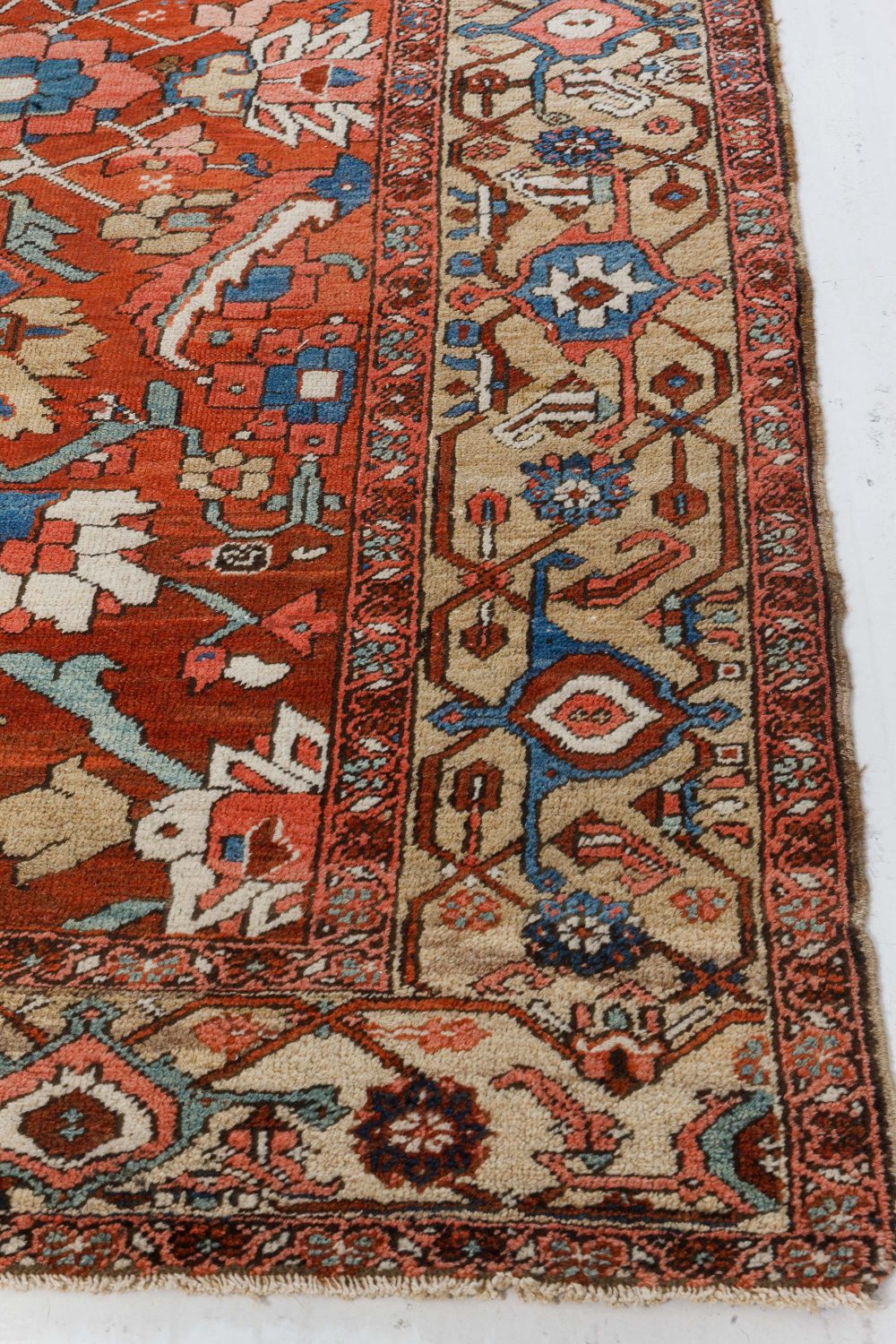 Antique Persian Heriz Rug in Blue, Pink, Red, White, and Yellow BB7373