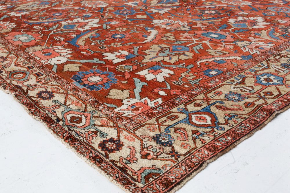 Antique Persian Heriz Rug in Blue, Pink, Red, White, and Yellow BB7373