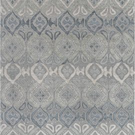 “Grey Mandorla” Modern Damask Slate Gray Hand-Knotted Wool & Silk Rug N12136