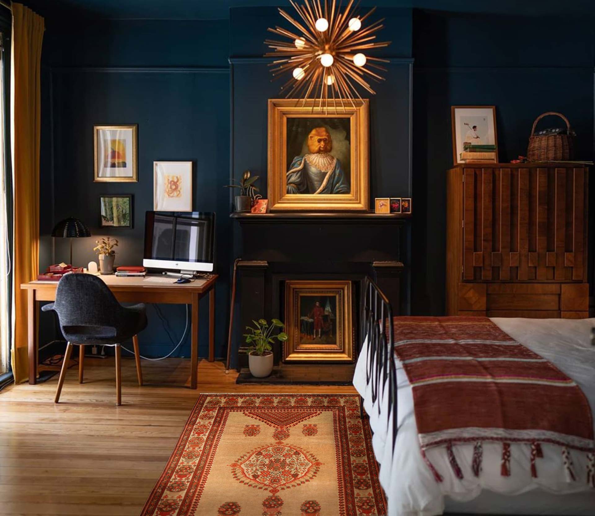 19th Century Sarouk Handmade Wool Rug BB4198 in a bedroom. Conor McFarland 19th Century Sarouk Handmade Wool Rug BB4198 in a bedroom. Conor McFarland
