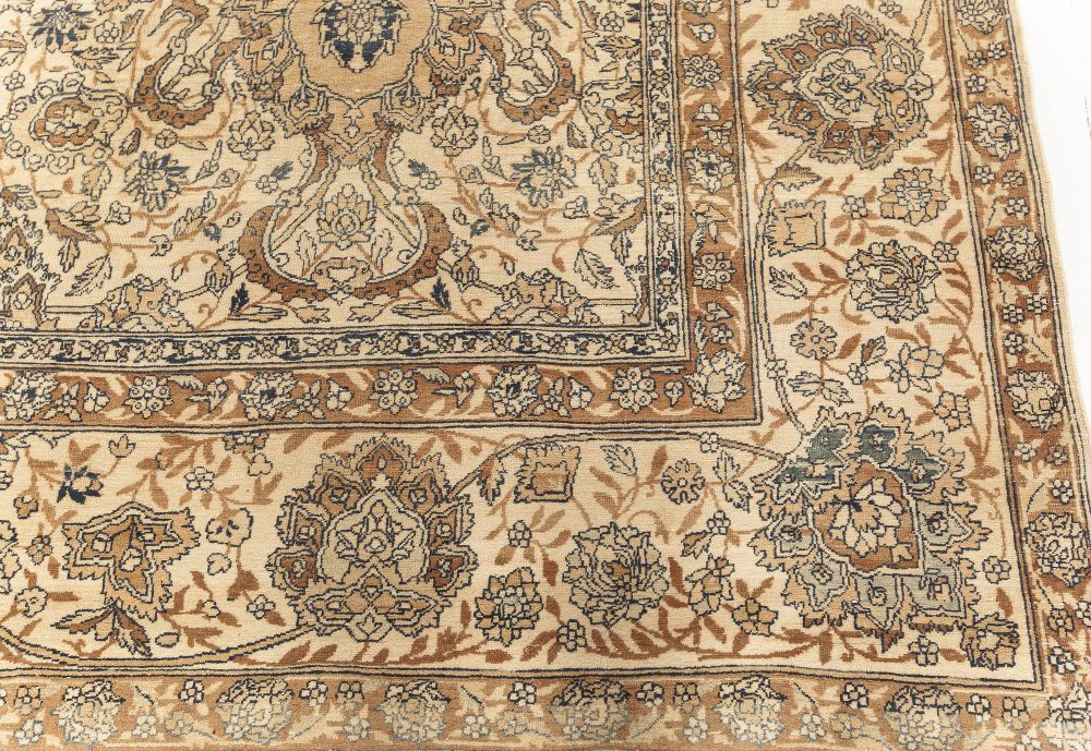 Fine Antique Persian Kirman Beige, Blue, Brown Handmade Wool Rug (Size Adjusted) BB7590