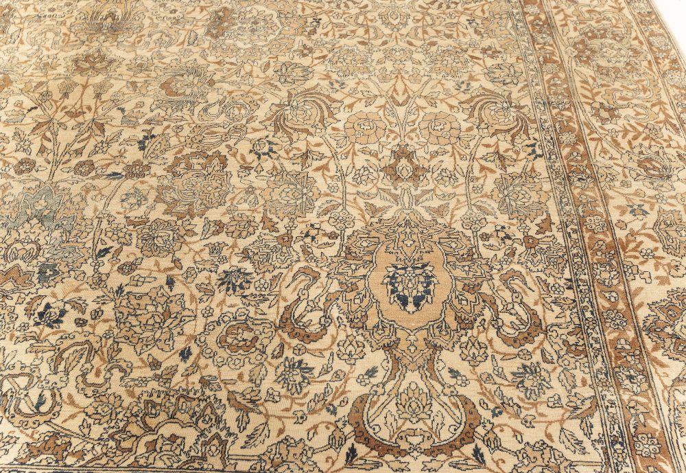 Fine Antique Persian Kirman Beige, Blue, Brown Handmade Wool Rug (Size Adjusted) BB7590