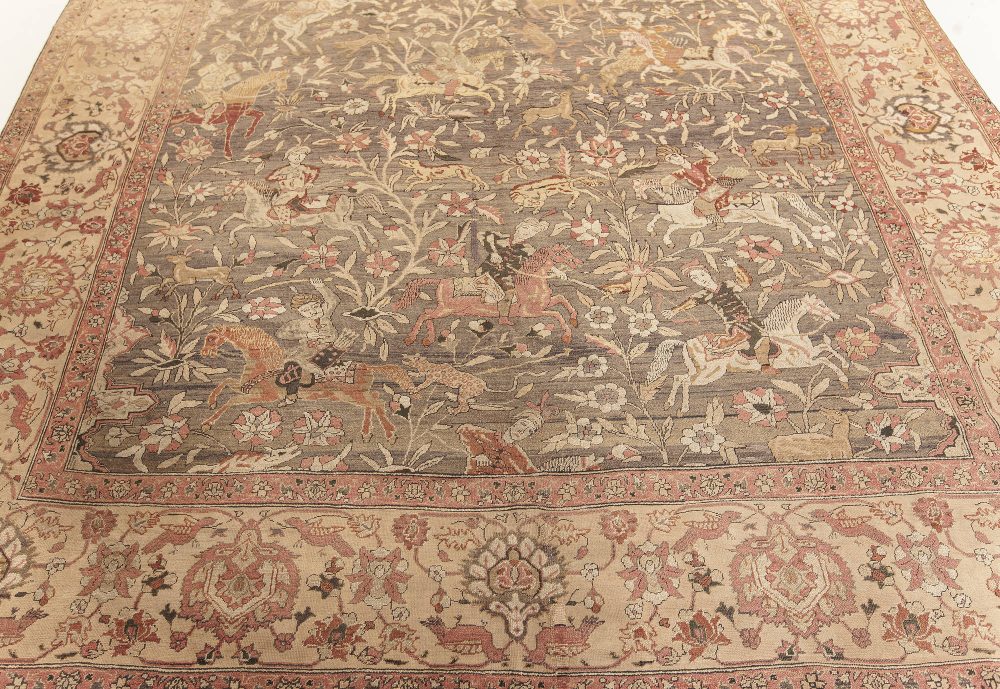 Antique Animal Turkish Hereke Beige, Brown, Pink, Purple, Red, Yellow, Wool Rug BB7593