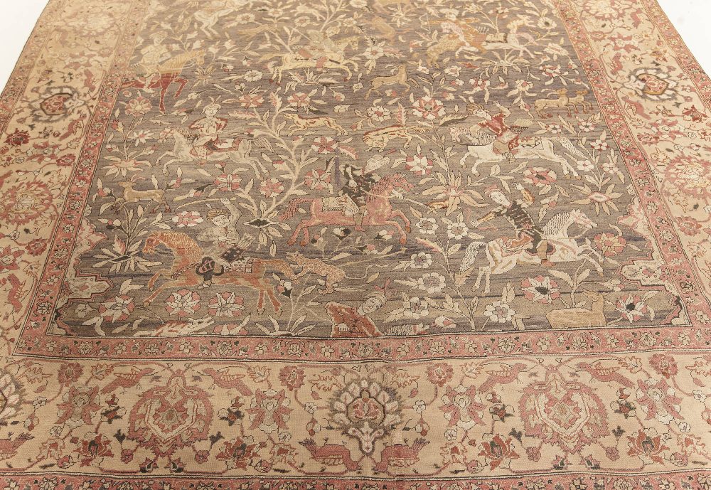 Antique Animal Turkish Hereke Beige, Brown, Pink, Purple, Red, Yellow, Wool Rug BB7593