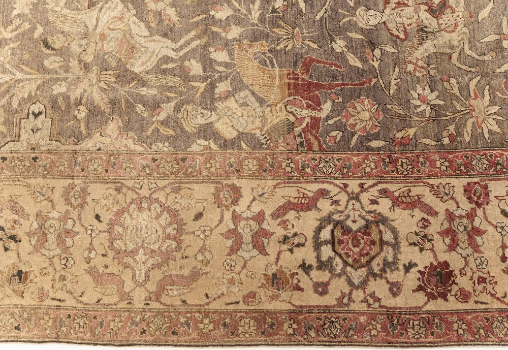 Antique Animal Turkish Hereke Beige, Brown, Pink, Purple, Red, Yellow, Wool Rug BB7593