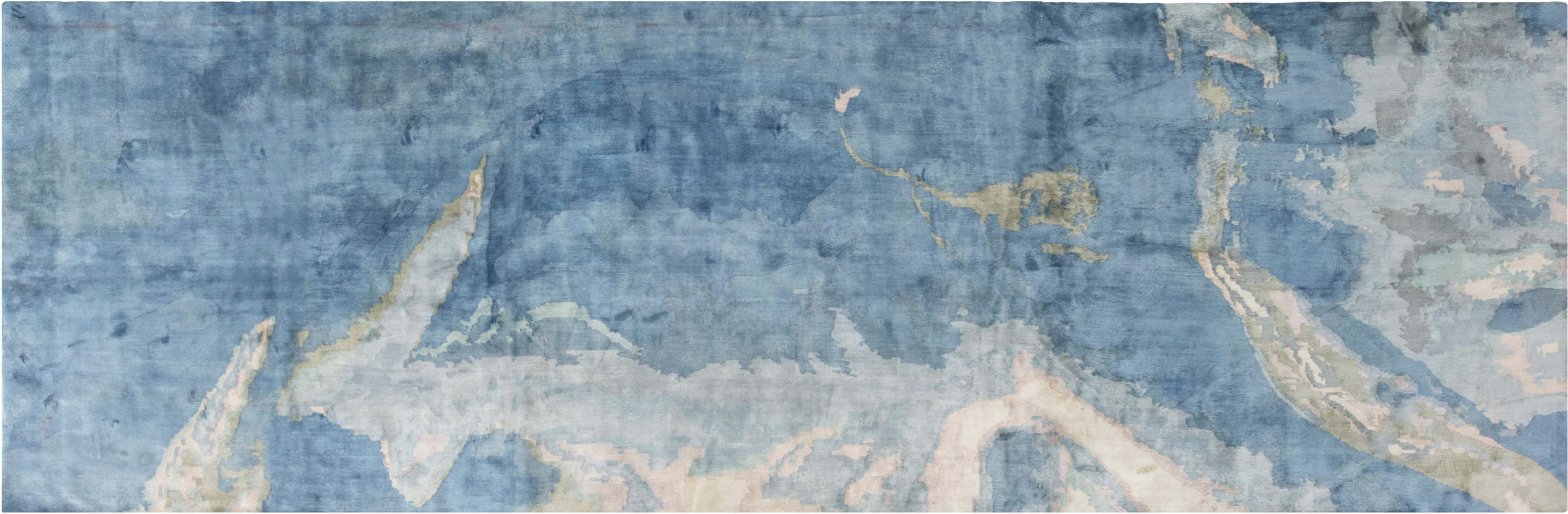 Contemporary Blue Sea and Sand Hand Knotted Silk Runner N11770 Contemporary Blue Sea and Sand Hand Knotted Silk Runner N11770