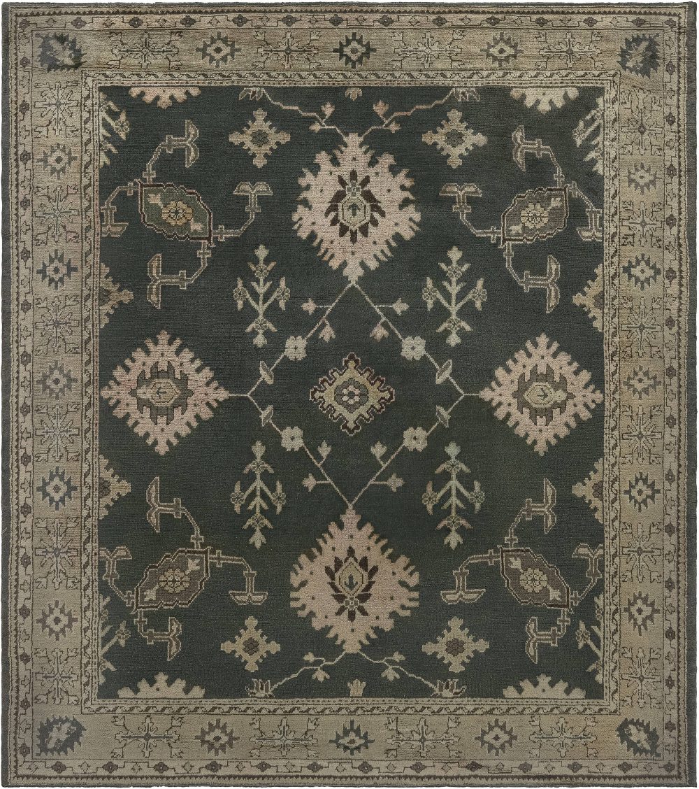 Antique Turkish Oushak Beige, Gray, Green Hand Knotted Wool Rug 