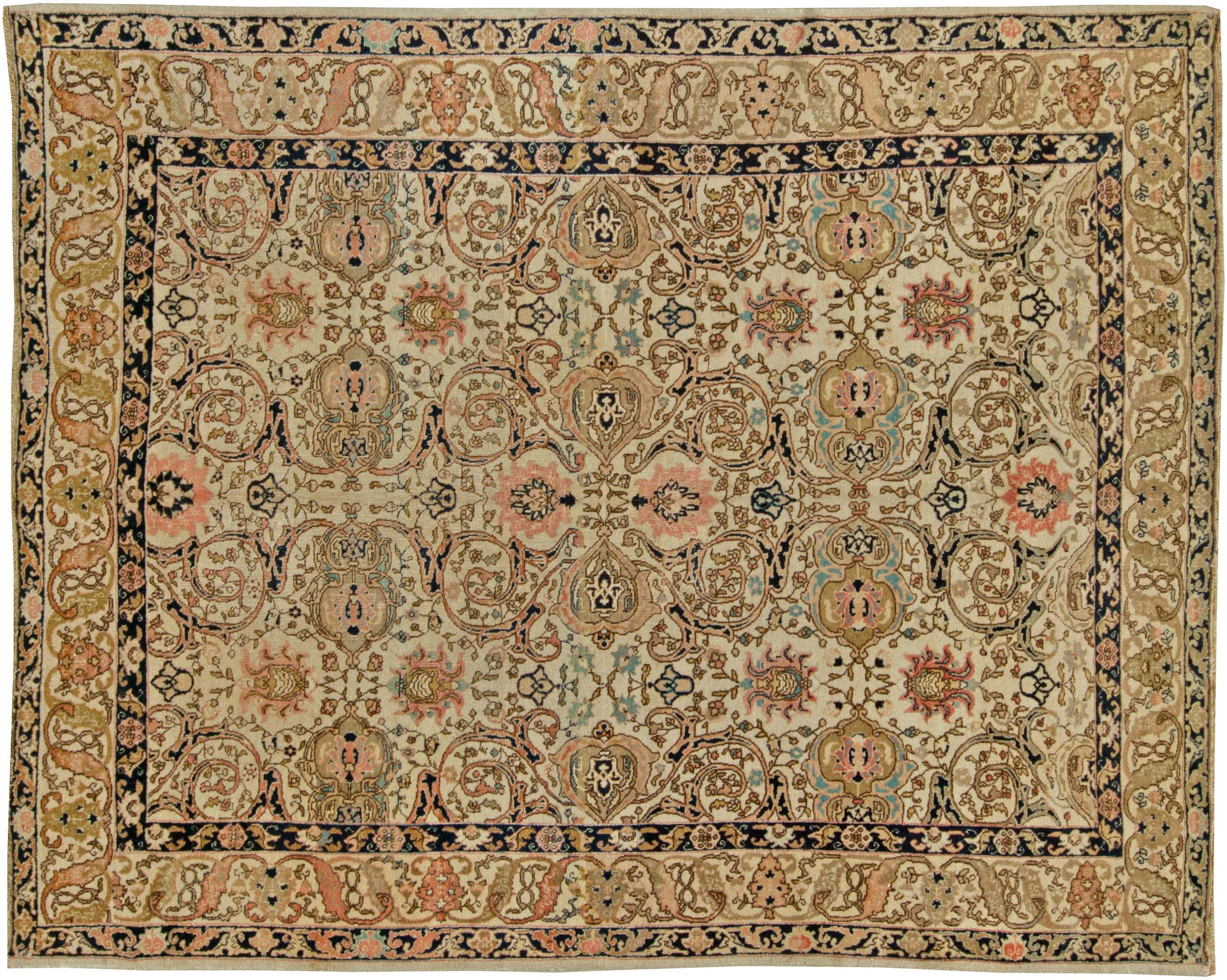 Antique Persian Tabriz Copper, Beige, Salmon and Inky Blue Rug BB6097 in a bedroom