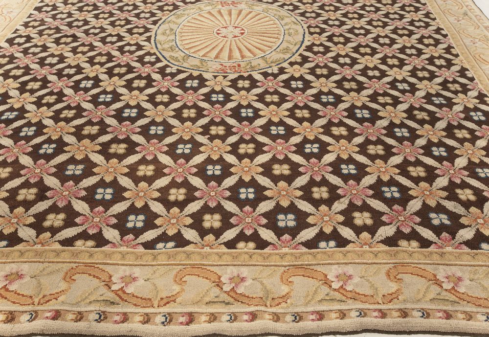 Antique English Axminster Beige, Brown, Green, Orange, Pink Handmade Wool Rug BB7614