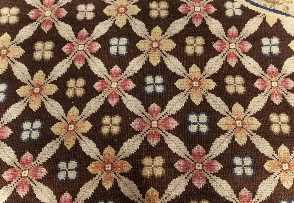 Antique English Axminster Beige, Brown, Green, Orange, Pink Handmade Wool Rug BB7614