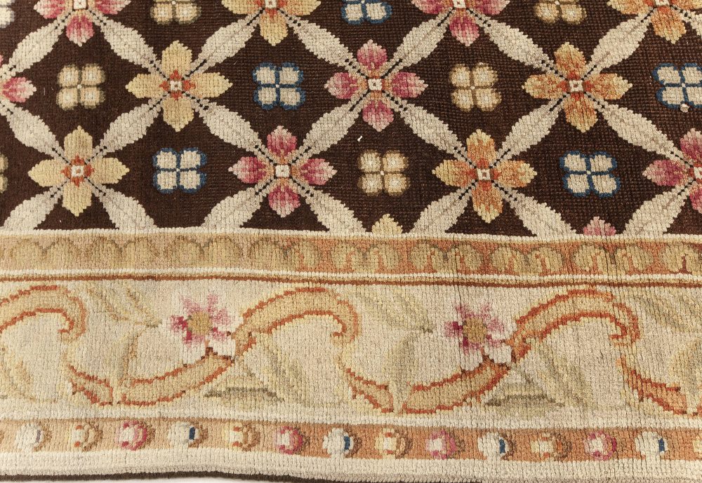 Antique English Axminster Beige, Brown, Green, Orange, Pink Handmade Wool Rug BB7614