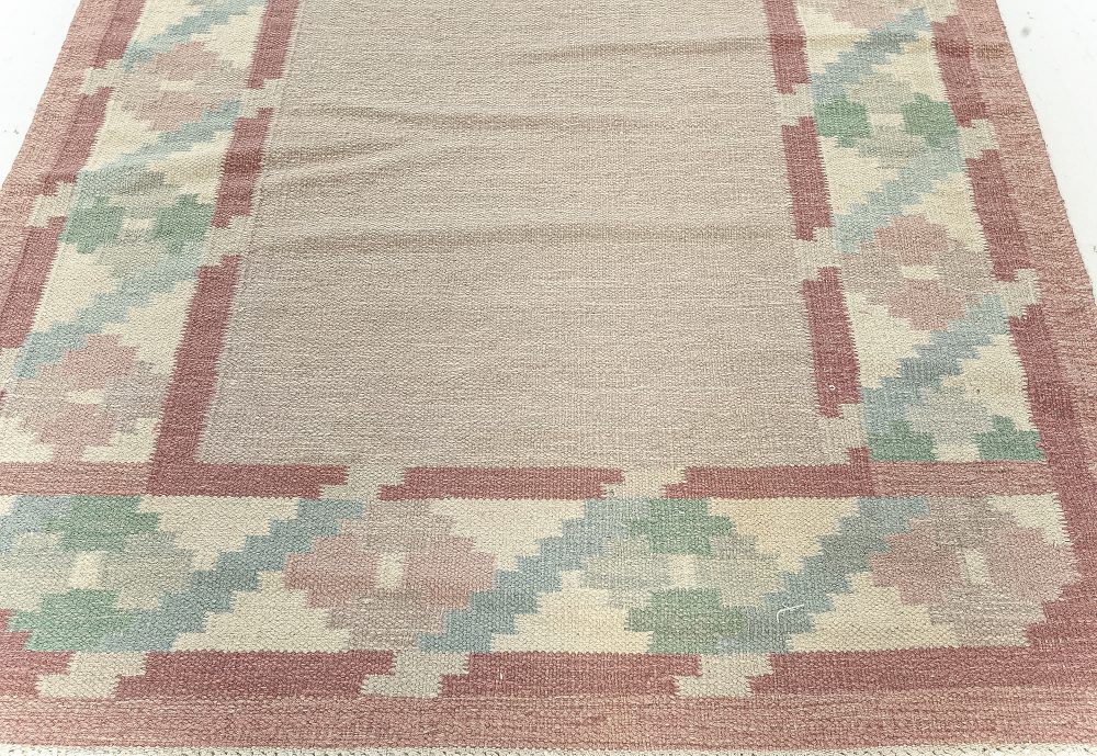 Vintage Swedish Beige, Green, Pink Flat Weave Rug BB7620