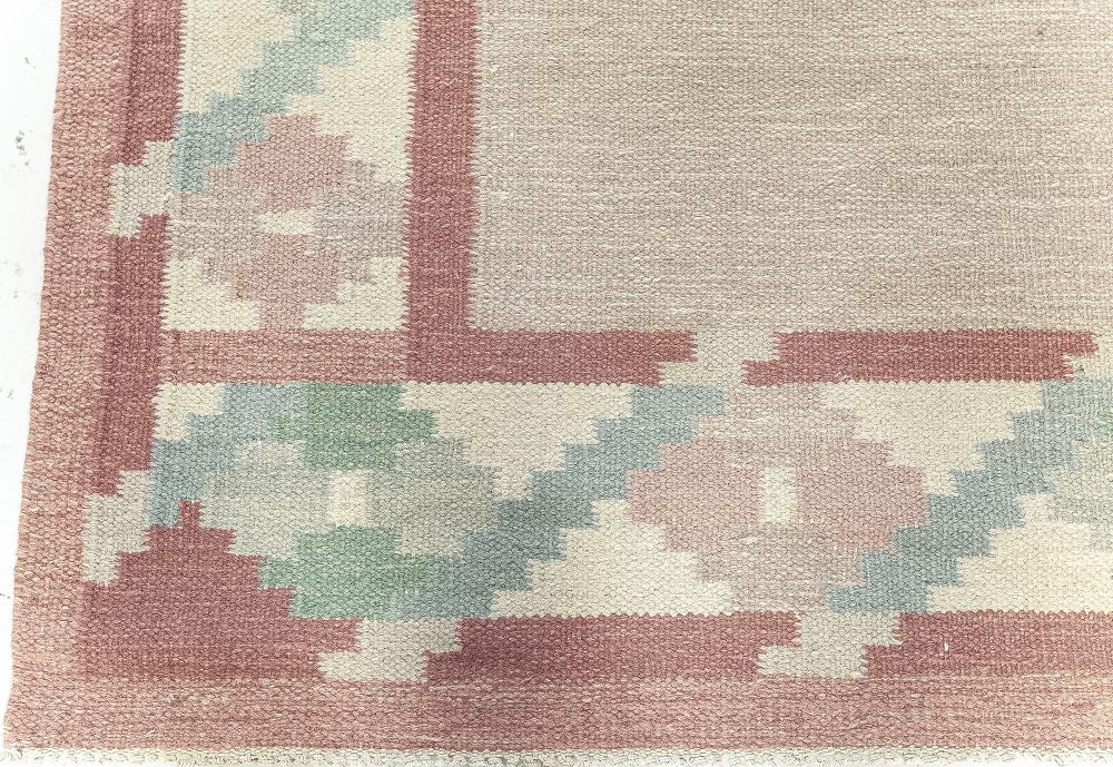 Vintage Swedish Beige, Green, Pink Flat Weave Rug BB7620