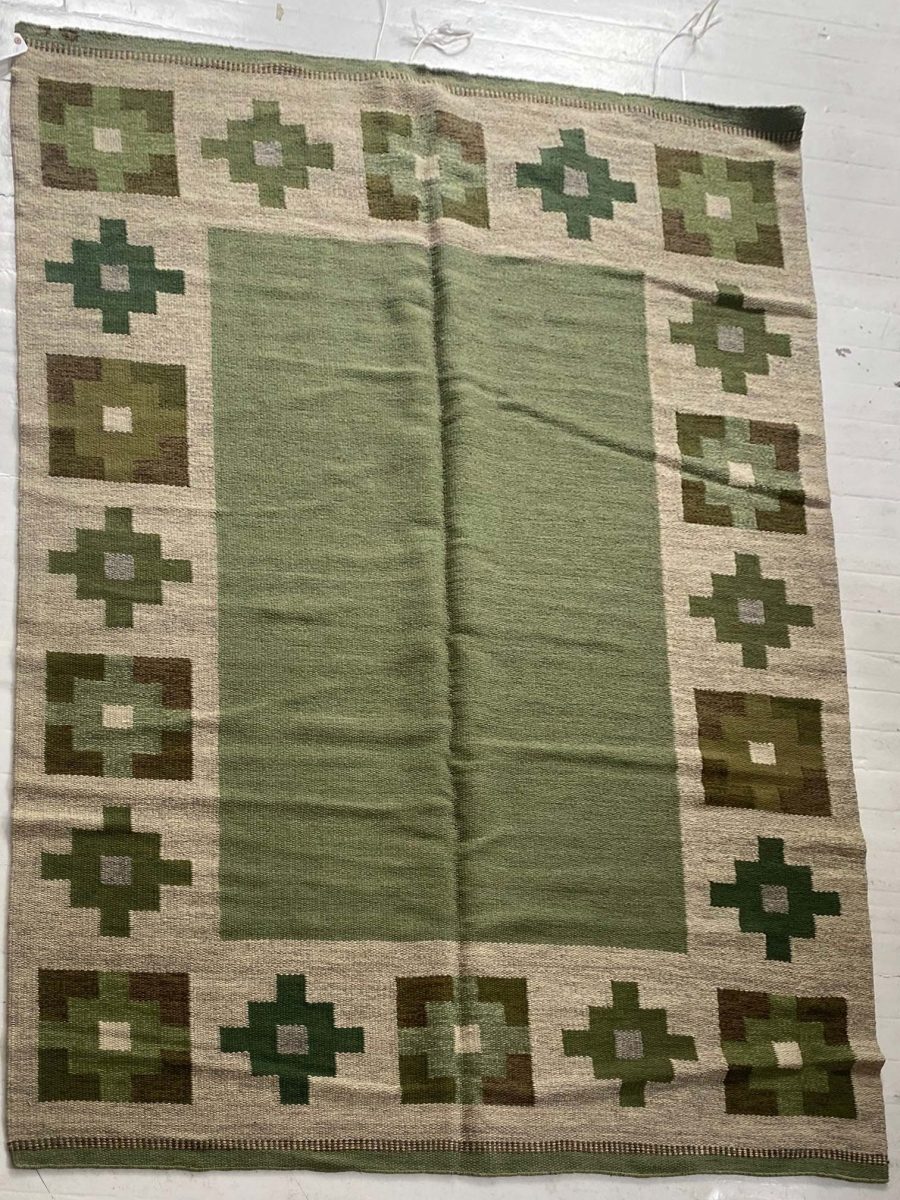 High-quality Vintage Swedish Beige, Green Flat Weave Wool Rug BB7603