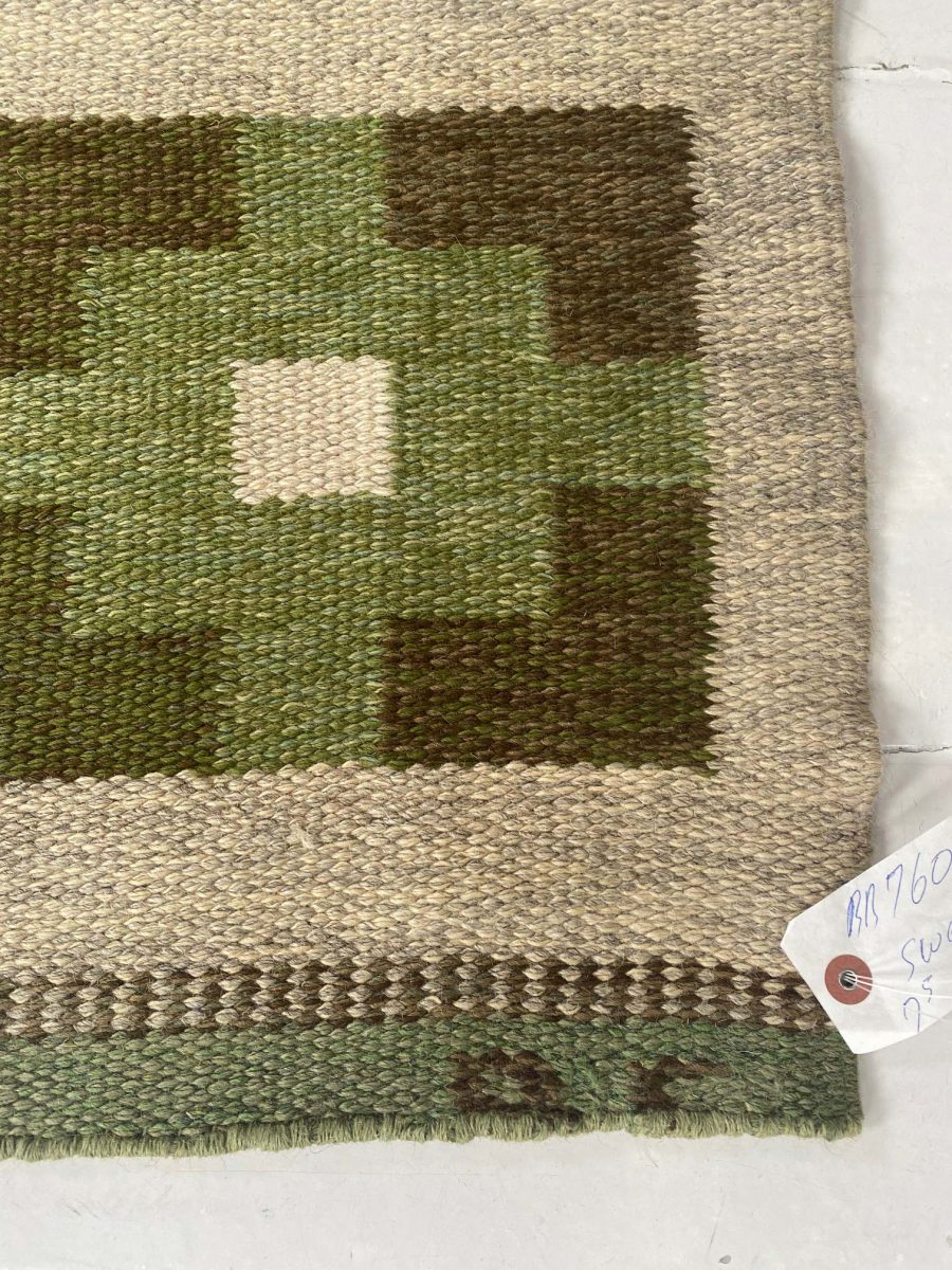 High-quality Vintage Swedish Beige, Green Flat Weave Wool Rug BB7603