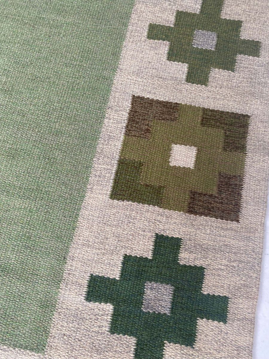 High-quality Vintage Swedish Beige, Green Flat Weave Wool Rug BB7603