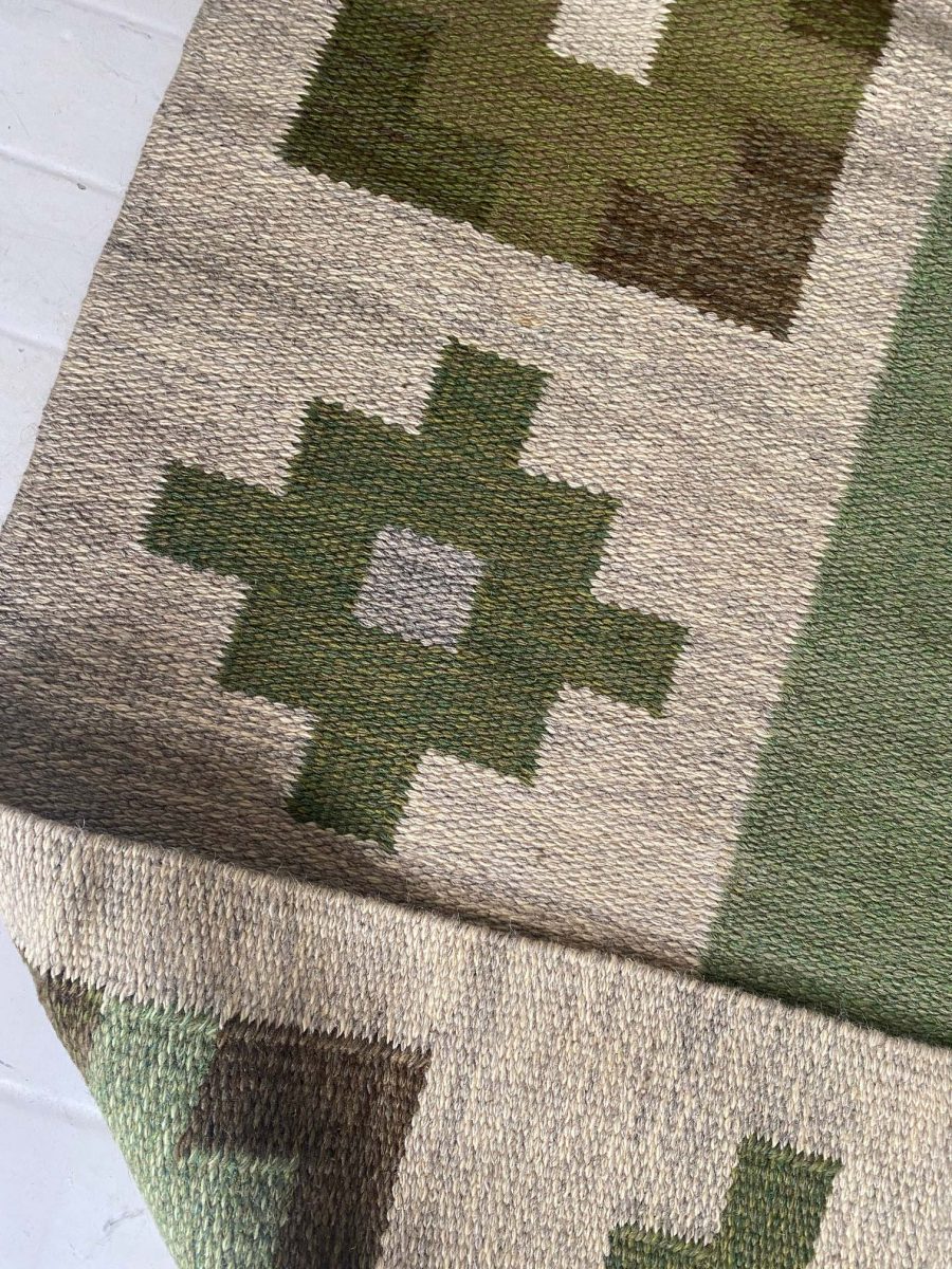 High-quality Vintage Swedish Beige, Green Flat Weave Wool Rug BB7603