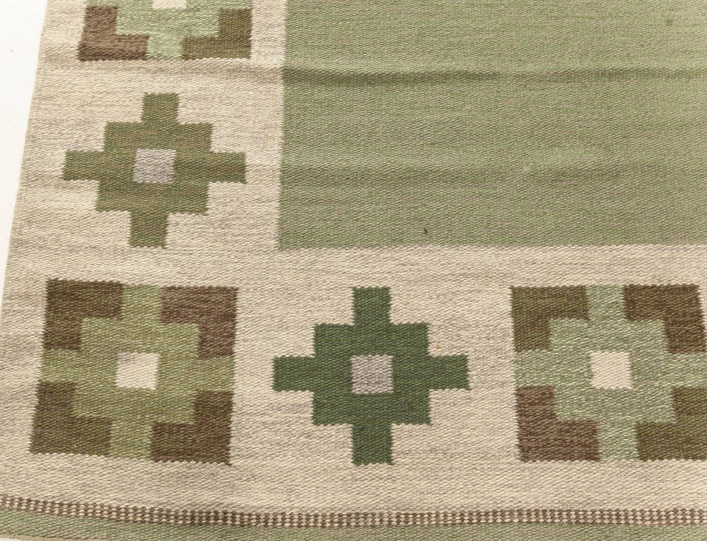 High-quality Vintage Swedish Beige, Green Flat Weave Wool Rug BB7603