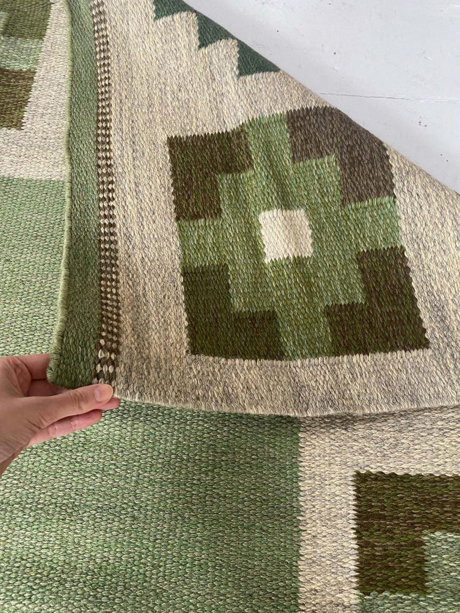 High-quality Vintage Swedish Beige, Green Flat Weave Wool Rug BB7603