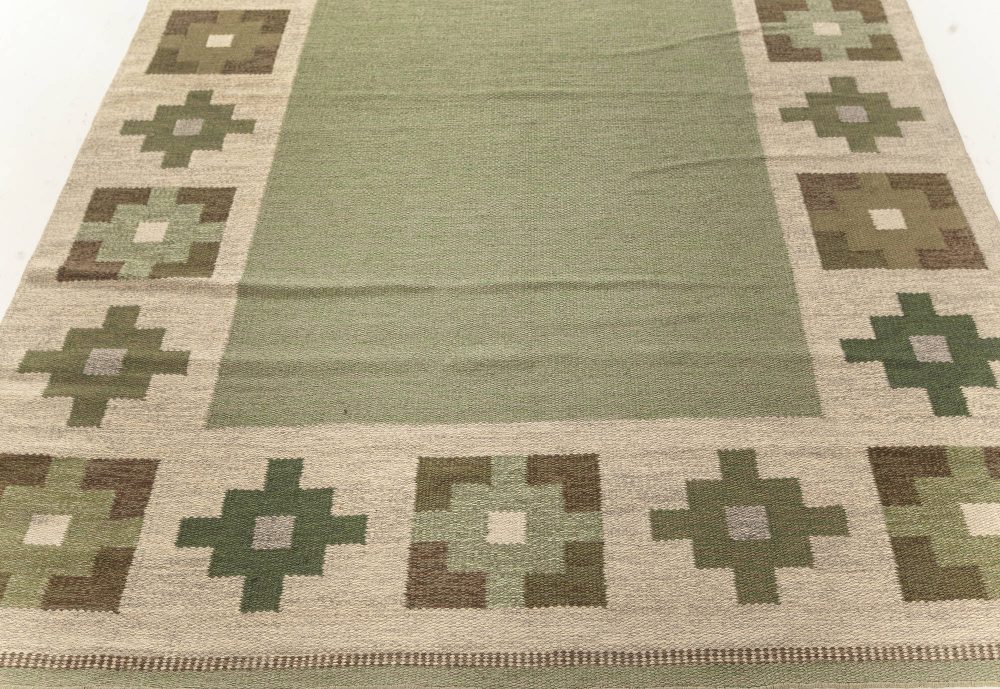 High-quality Vintage Swedish Beige, Green Flat Weave Wool Rug BB7603