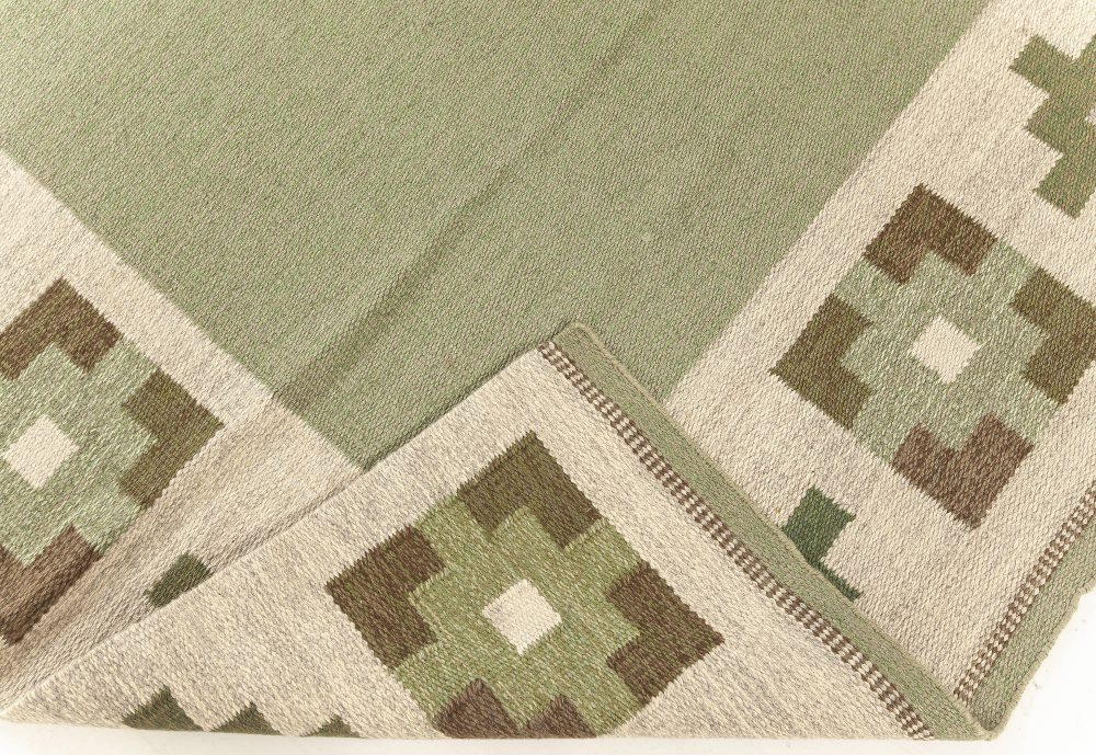 High-quality Vintage Swedish Beige, Green Flat Weave Wool Rug BB7603