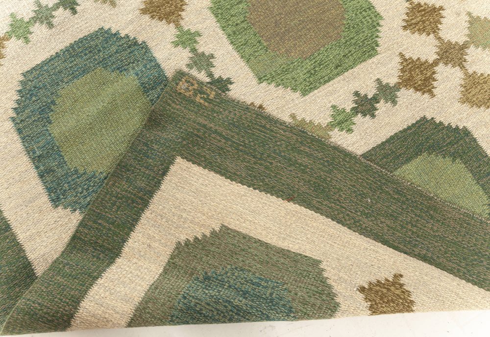 Vintage Swedish Green Wool Flat Weave Rug by Birgitta Södergren “BS” BB7604