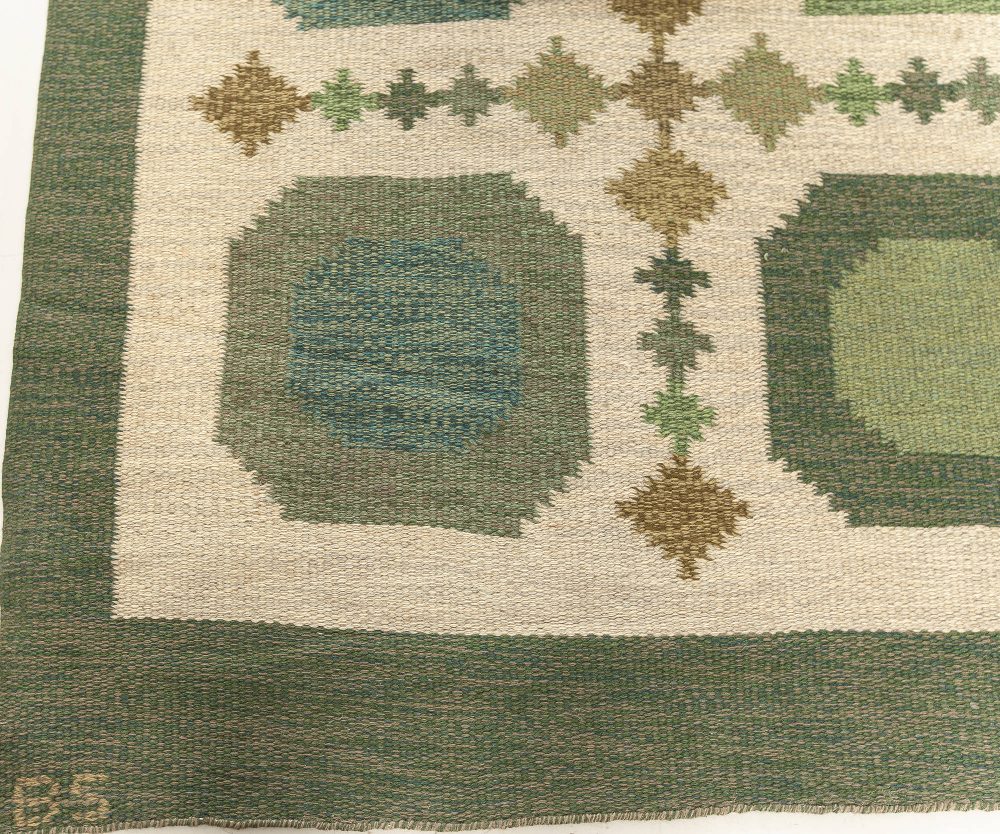 Vintage Swedish Green Wool Flat Weave Rug by Birgitta Södergren “BS” BB7604