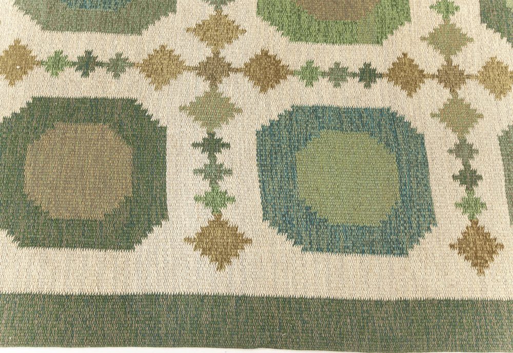 Vintage Swedish Green Wool Flat Weave Rug by Birgitta Södergren “BS” BB7604