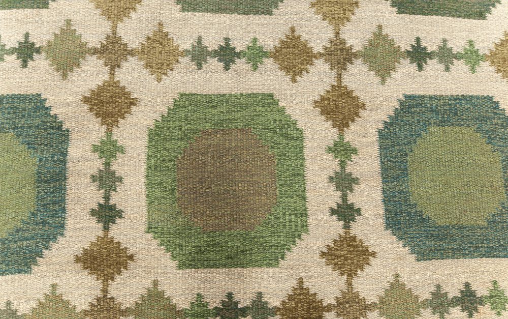 Vintage Swedish Green Wool Flat Weave Rug by Birgitta Södergren “BS” BB7604