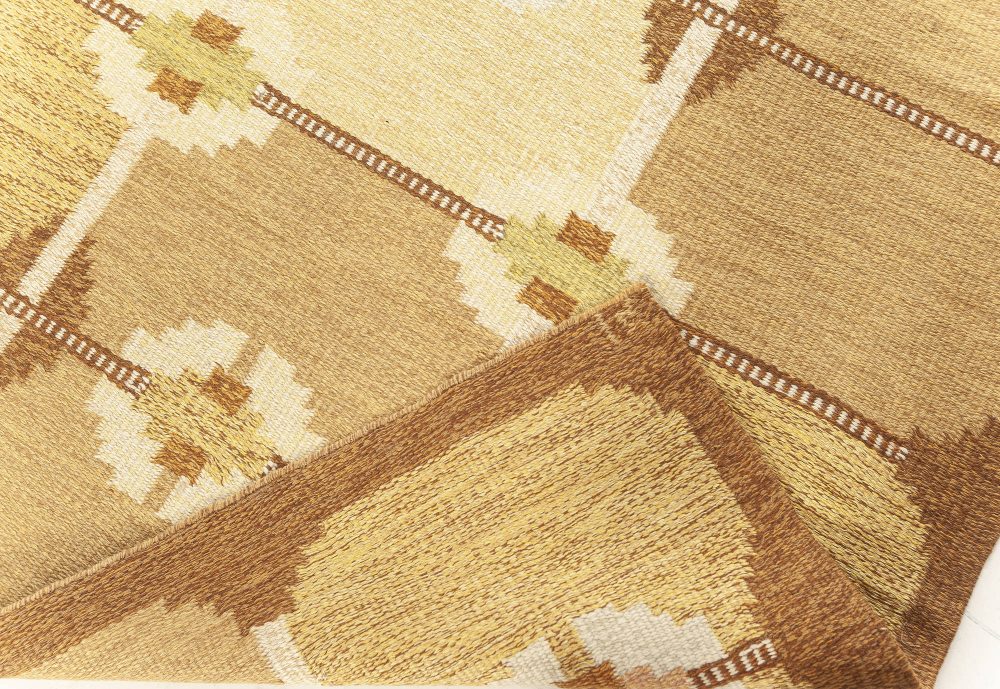 Vintage Geometric Swedish Beige, Brown, Gold, Green Wool Rug by Ingegerd Silow BB7607