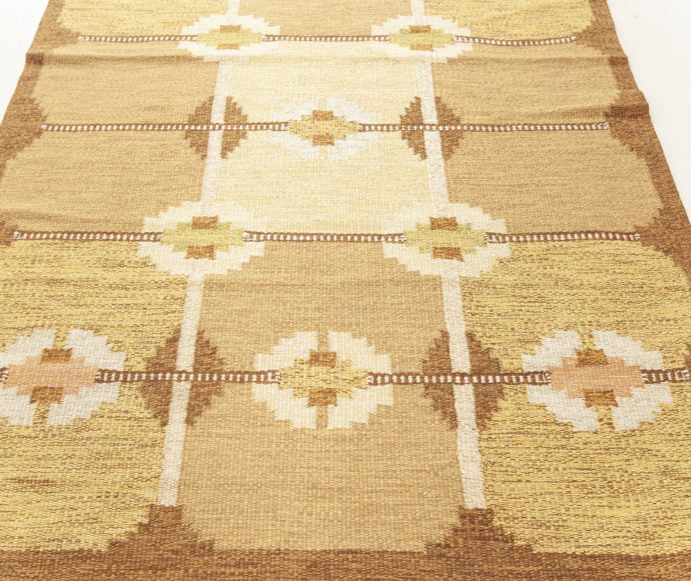 Vintage Geometric Swedish Beige, Brown, Gold, Green Wool Rug by Ingegerd Silow BB7607