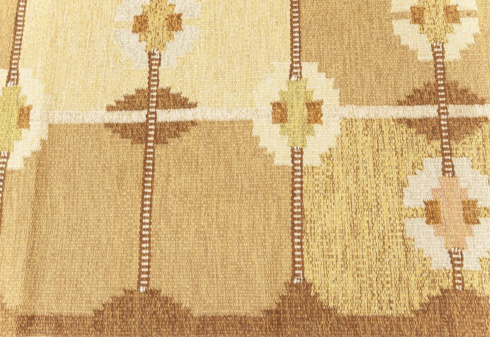 Vintage Geometric Swedish Beige, Brown, Gold, Green Wool Rug by Ingegerd Silow BB7607