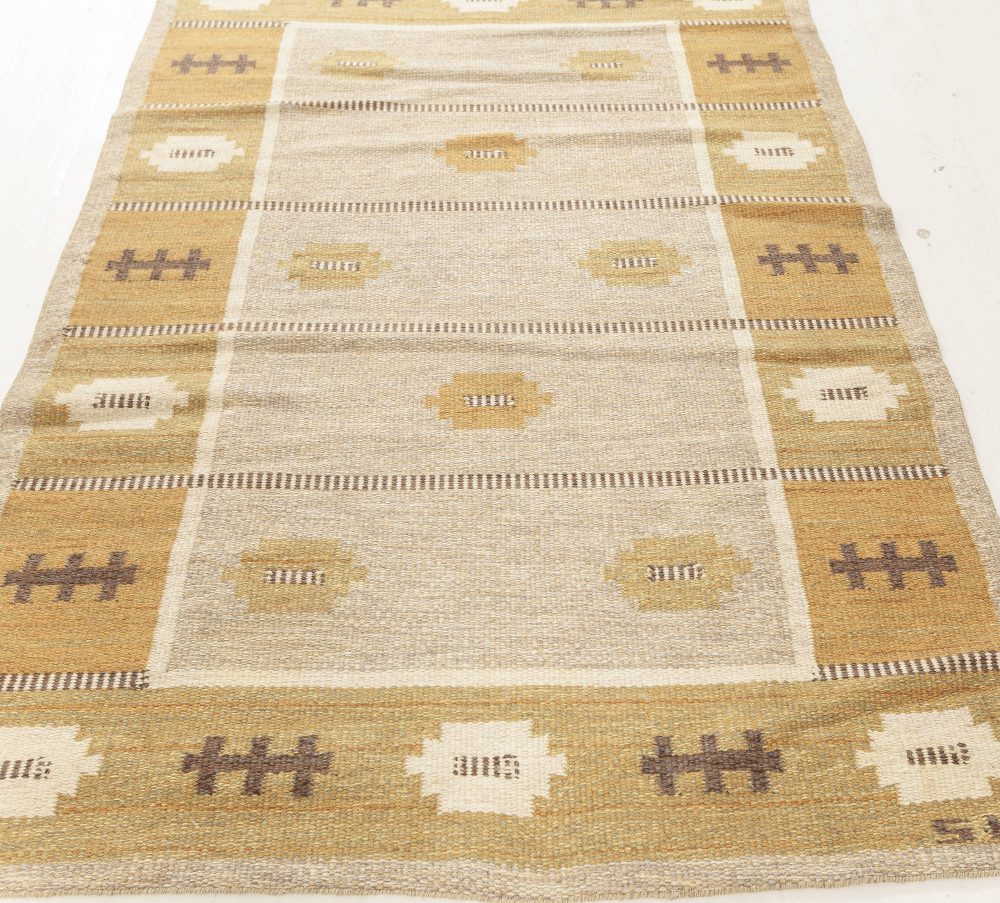 Vintage Swedish Beige Brown Gold Gray Green Rug Signed by Svensk Hemslöjd “SH” BB7608