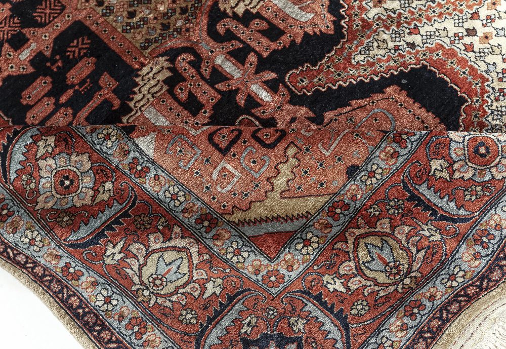 Authentic Persian Tabriz Handmade Silk Rug in Beige, Blue, and Red BB7623