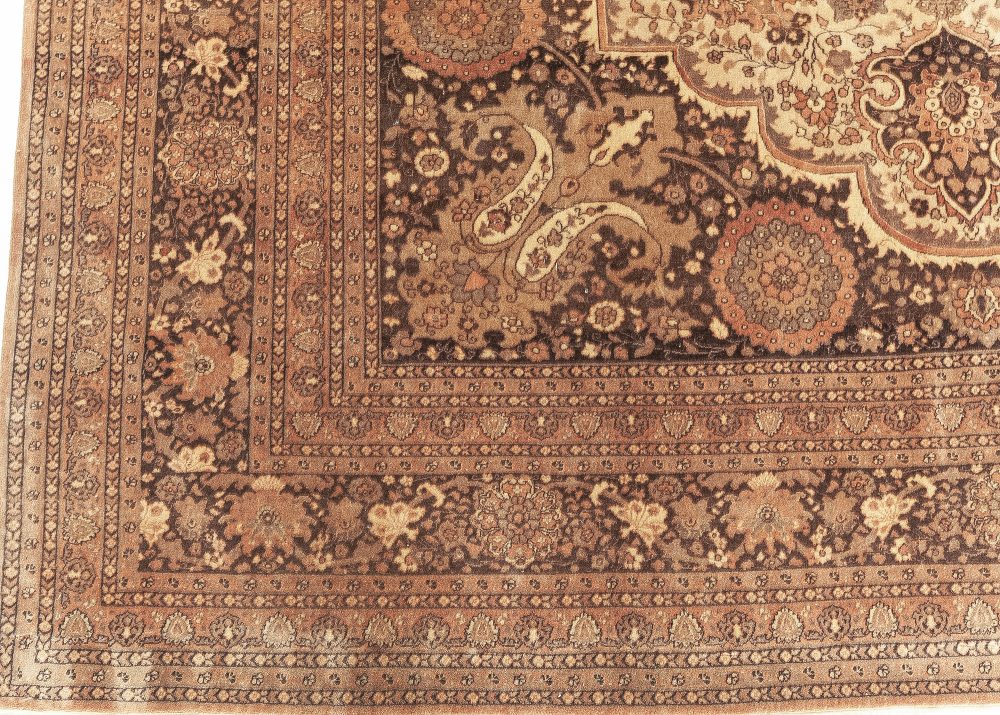 Antique Beige, Brown, Oriental, Persian Tabriz Hand-Knotted Wool Rug BB7626